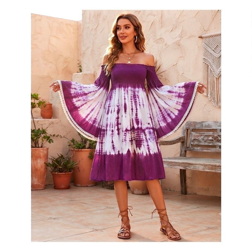Just From Bali Purple Tie Dye Off Shoulder Bell Sleeve midi Dress one size S ,M